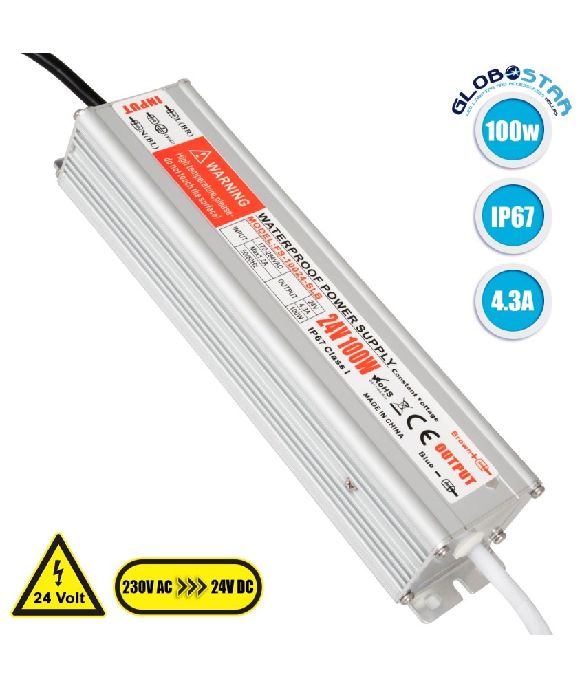 GloboStar® 73062 Μεταλλικό Τροφοδοτικό SELV για Προϊόντα LED 100W 4.3A - AC 220-240V σε DC 24V - Αδιάβροχο IP67 Μ23.5 x Π6 x Υ4cm - 3 Years Warranty